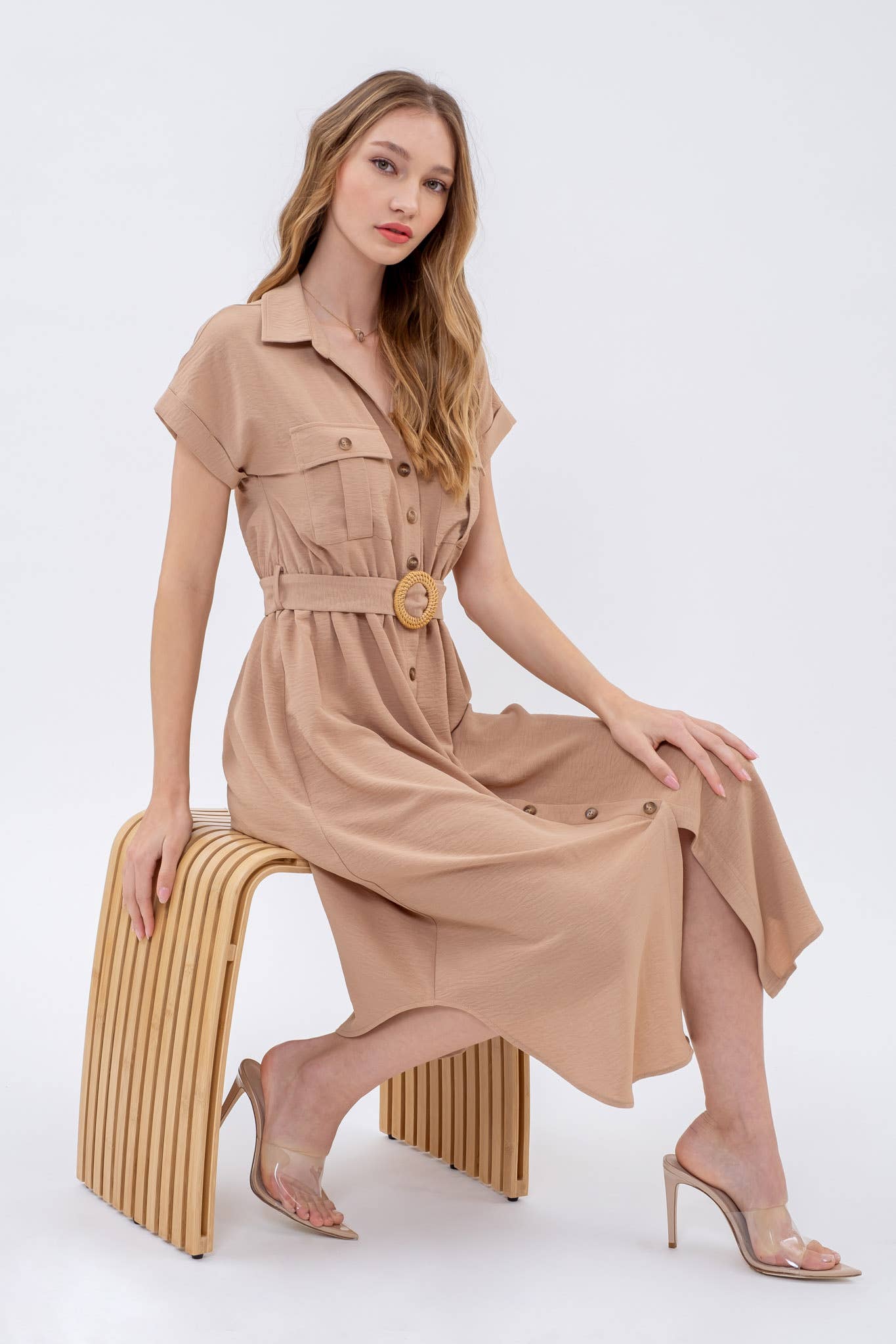 BUTTON DOWN BELTED DRESS