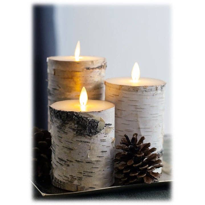 LED Wax Candles Wrapped in Natural Bark with Remote – Set/3