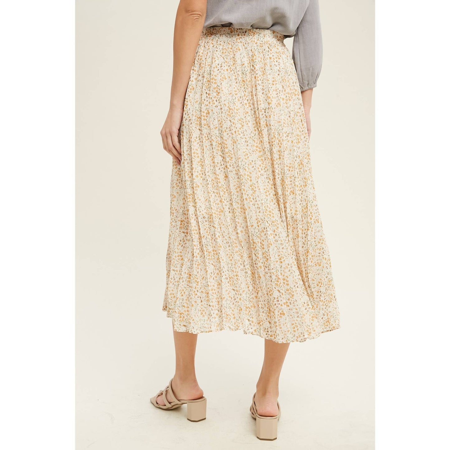 FLORAL PLEATED LINED MIDI SKIRT / WL22-6585