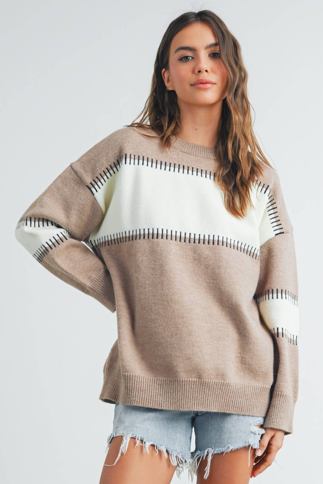 BLOCK STRIPED CREW NECK SWEATER