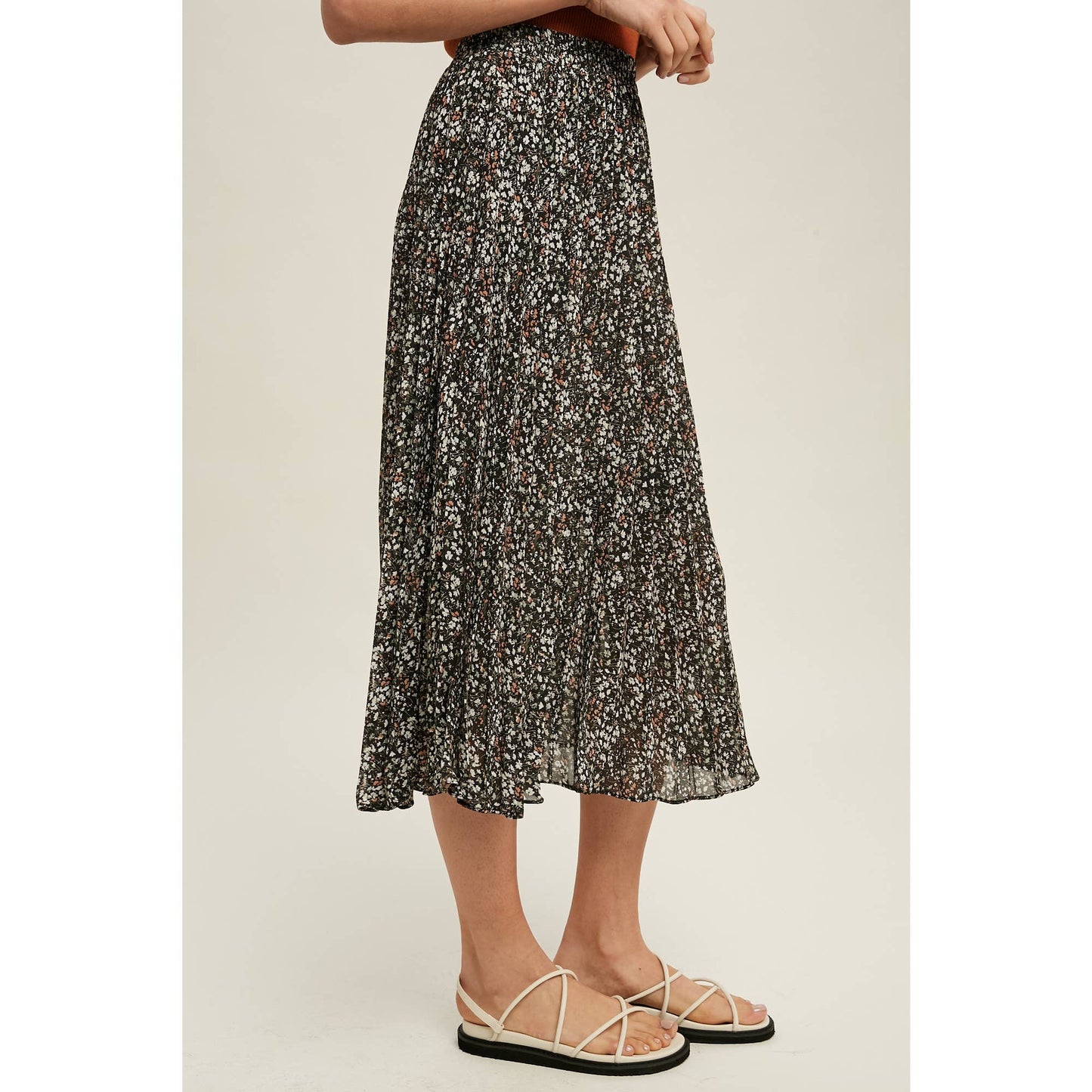 FLORAL PLEATED LINED MIDI SKIRT / WL22-6585