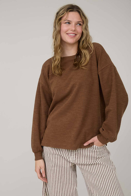 Round Neck Drop Shoulder Raw Edge Marled Knit Top