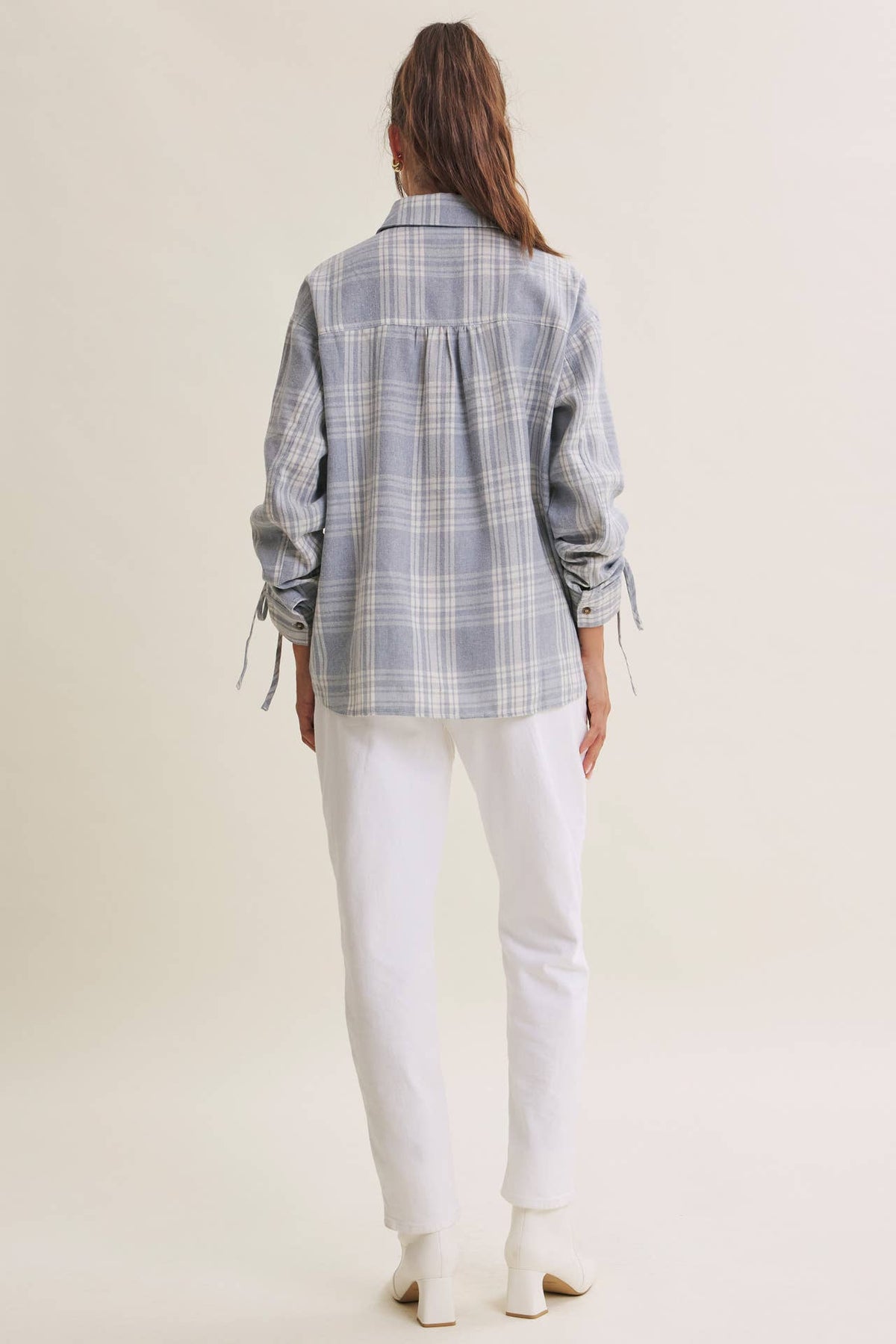 PLAID RUCHED SLEEVES SHIRT
