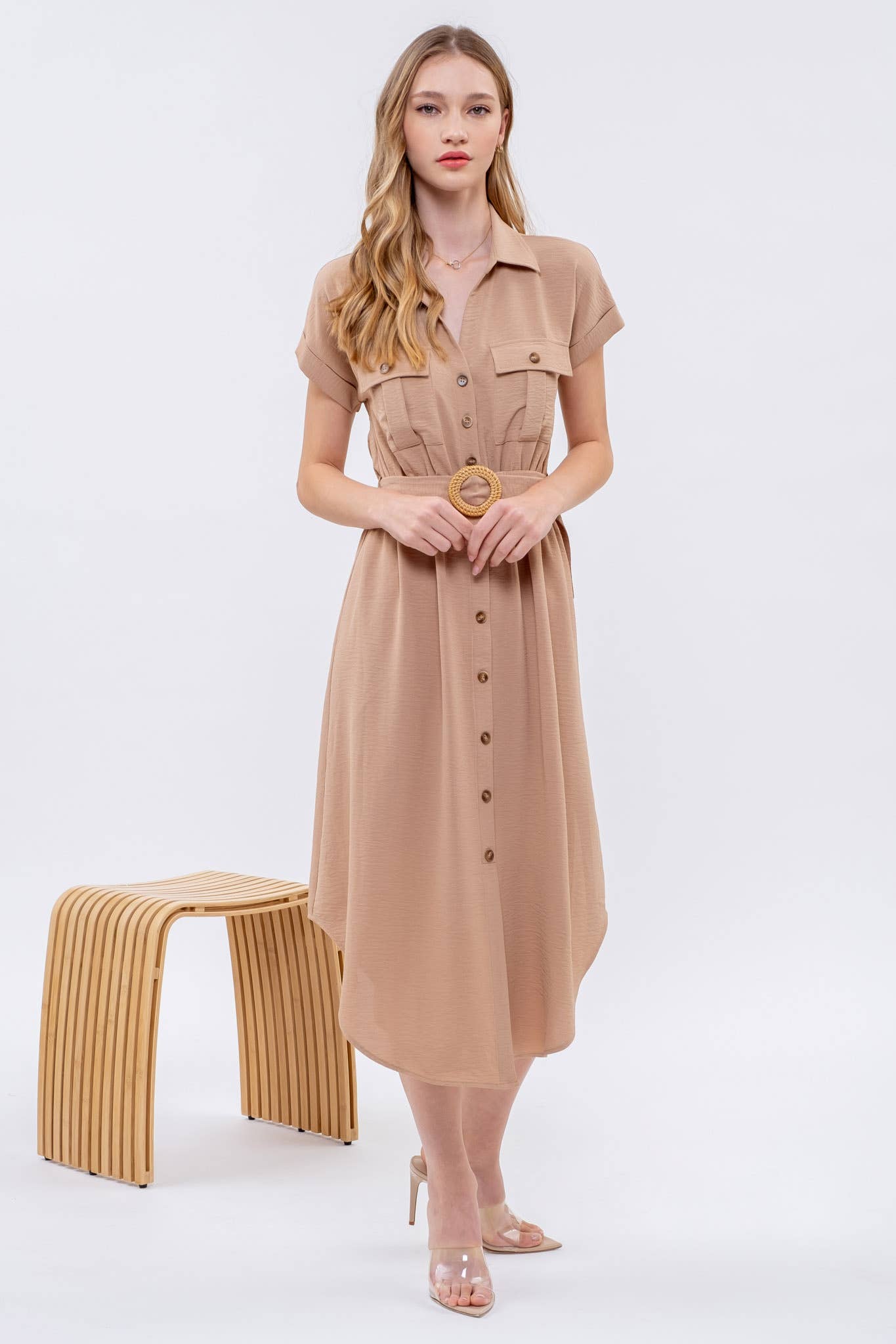 BUTTON DOWN BELTED DRESS