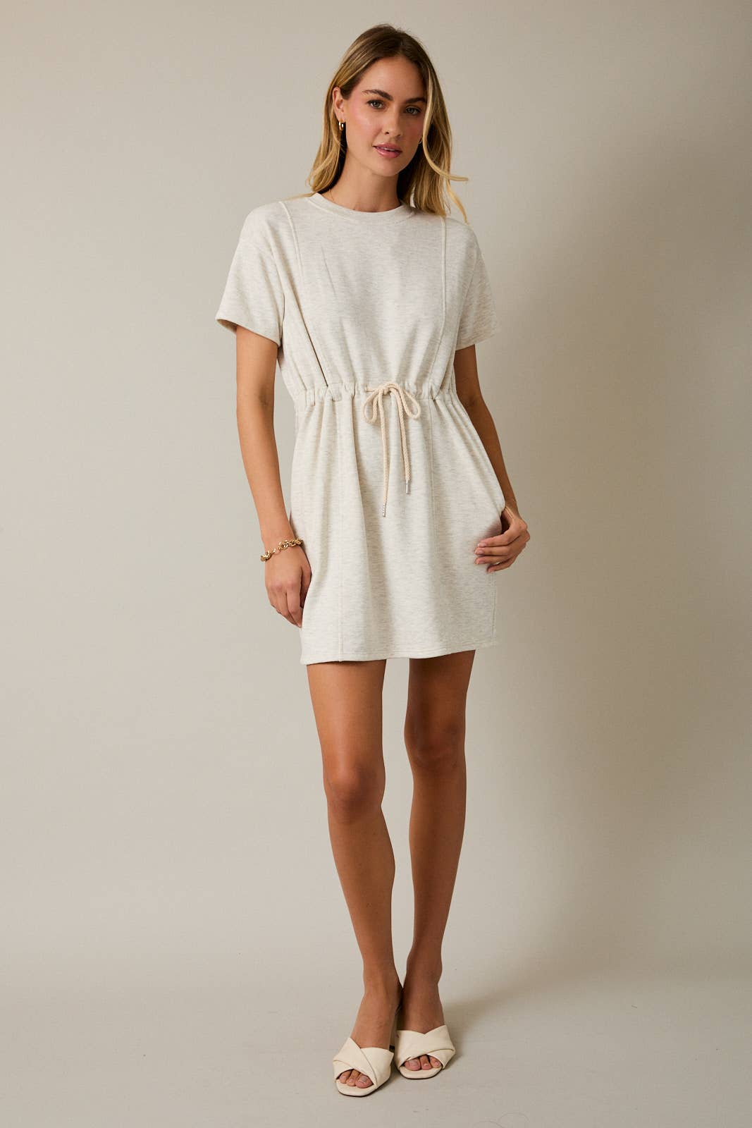 ROUND NECK SHORT SLEEVE WAIST TIE MINI DRESS