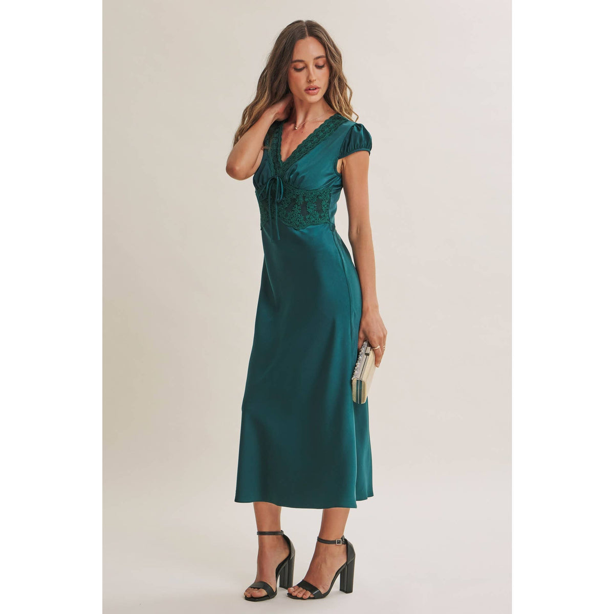 GRACEFUL DRAPE BIAS CUT SILKY SATIN LACE MIDI DRESS