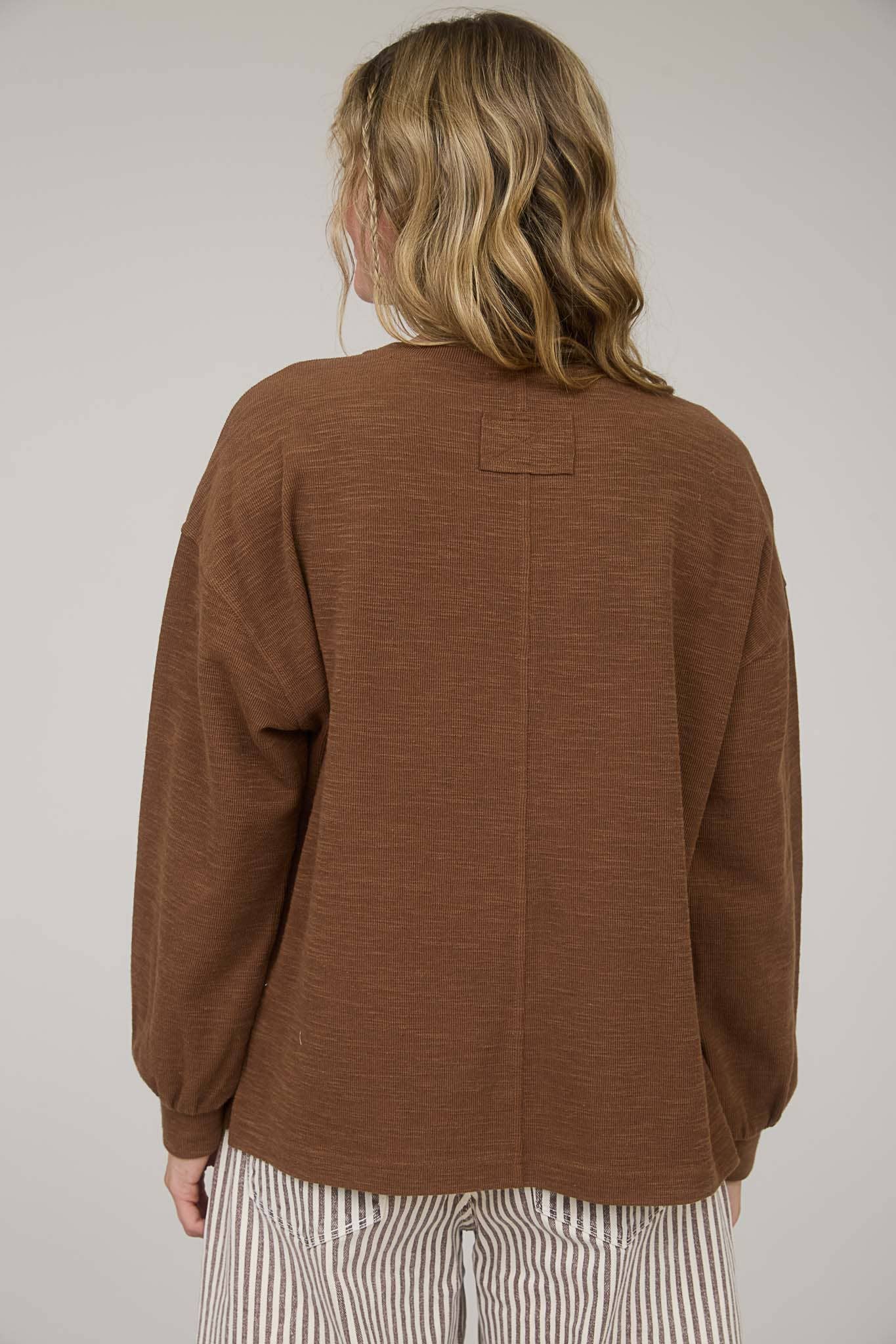 Round Neck Drop Shoulder Raw Edge Marled Knit Top