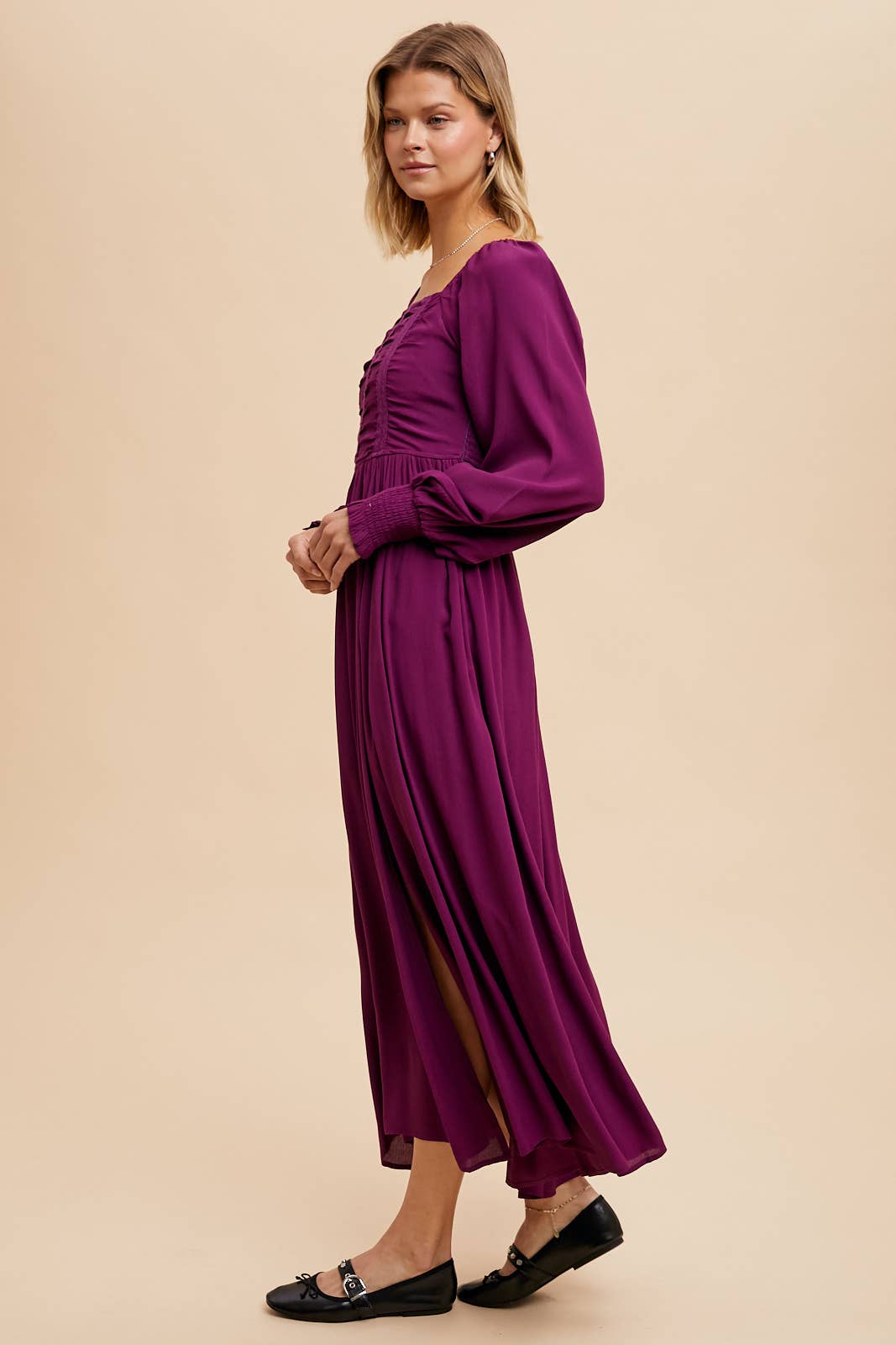 RUCHED BODICE SQUARE NECK MAXI DRESS