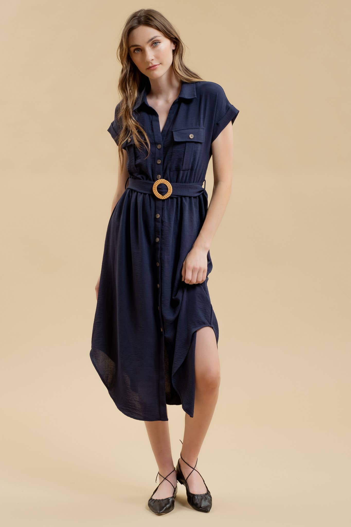 BUTTON DOWN BELTED DRESS