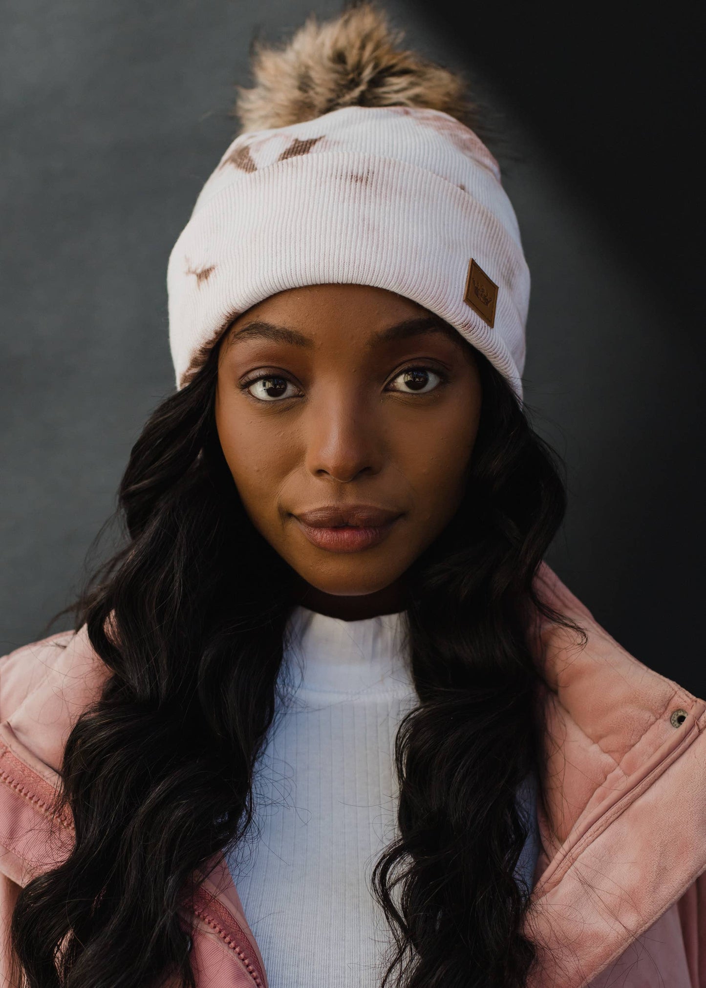 White & Brown Tie Dye Pom Hat