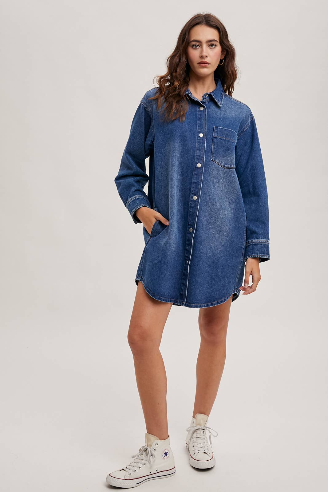 DENIM BUTTON DOWN SHIRT DRESS WITH POCKETS