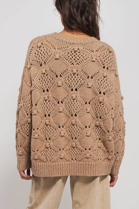 Chunky Crochet Paneled Knit Crewneck Sweater