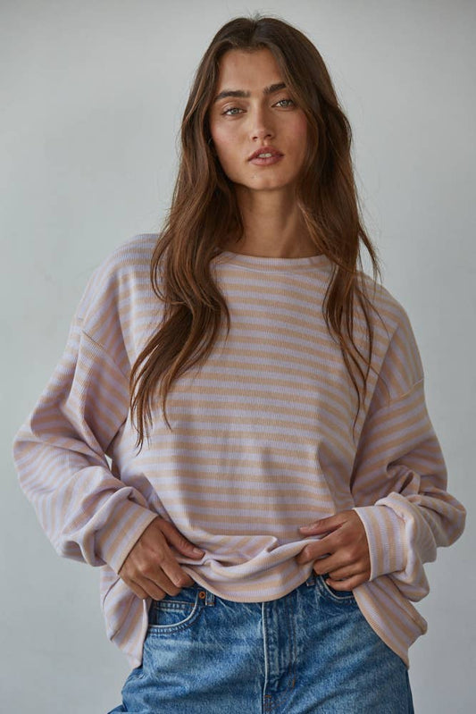 Knit Striped Ribbed Crew Neck Long Sleeve