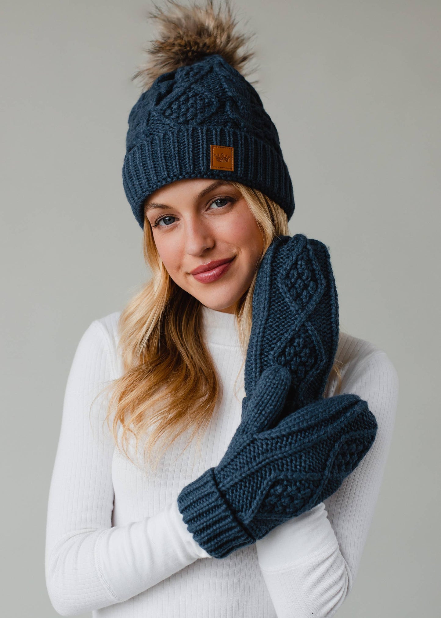 Steel Blue Cable Knit Mittens