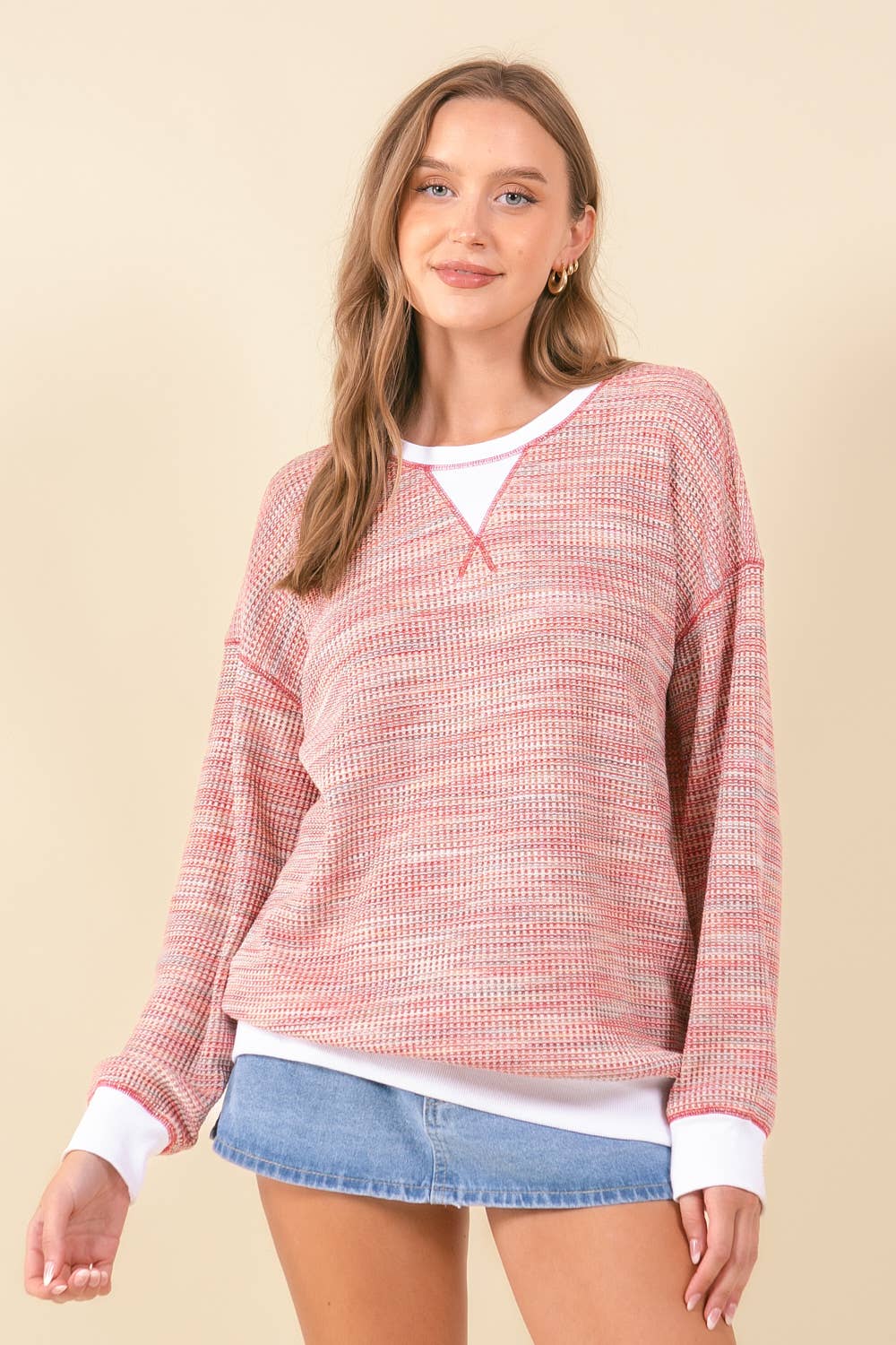 MULTI-COLORED WAFFLE KNIT DROP SHOULDER LONG SLEEVE - 44601T