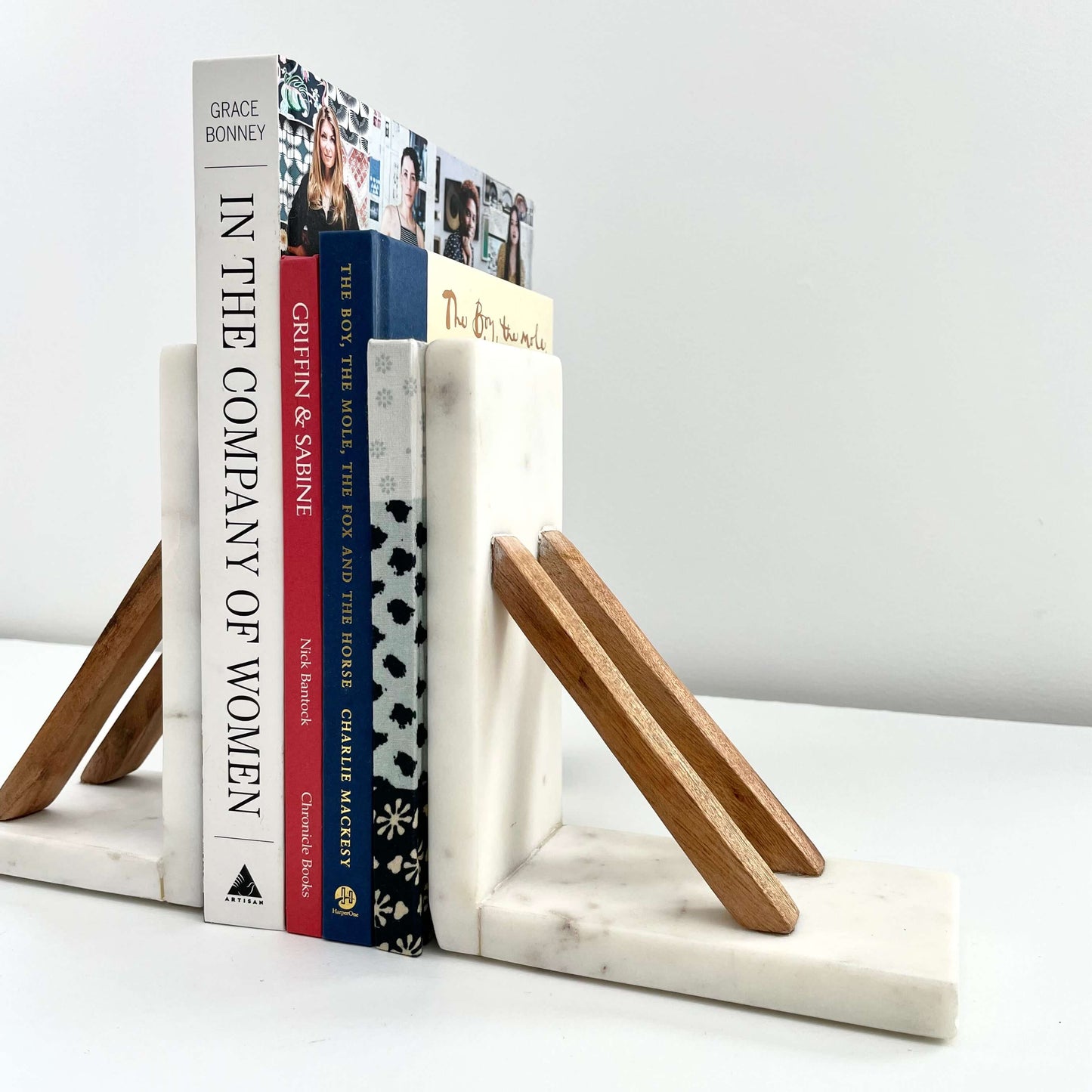 White marble & acacia wood handmade minimal neutral bookends