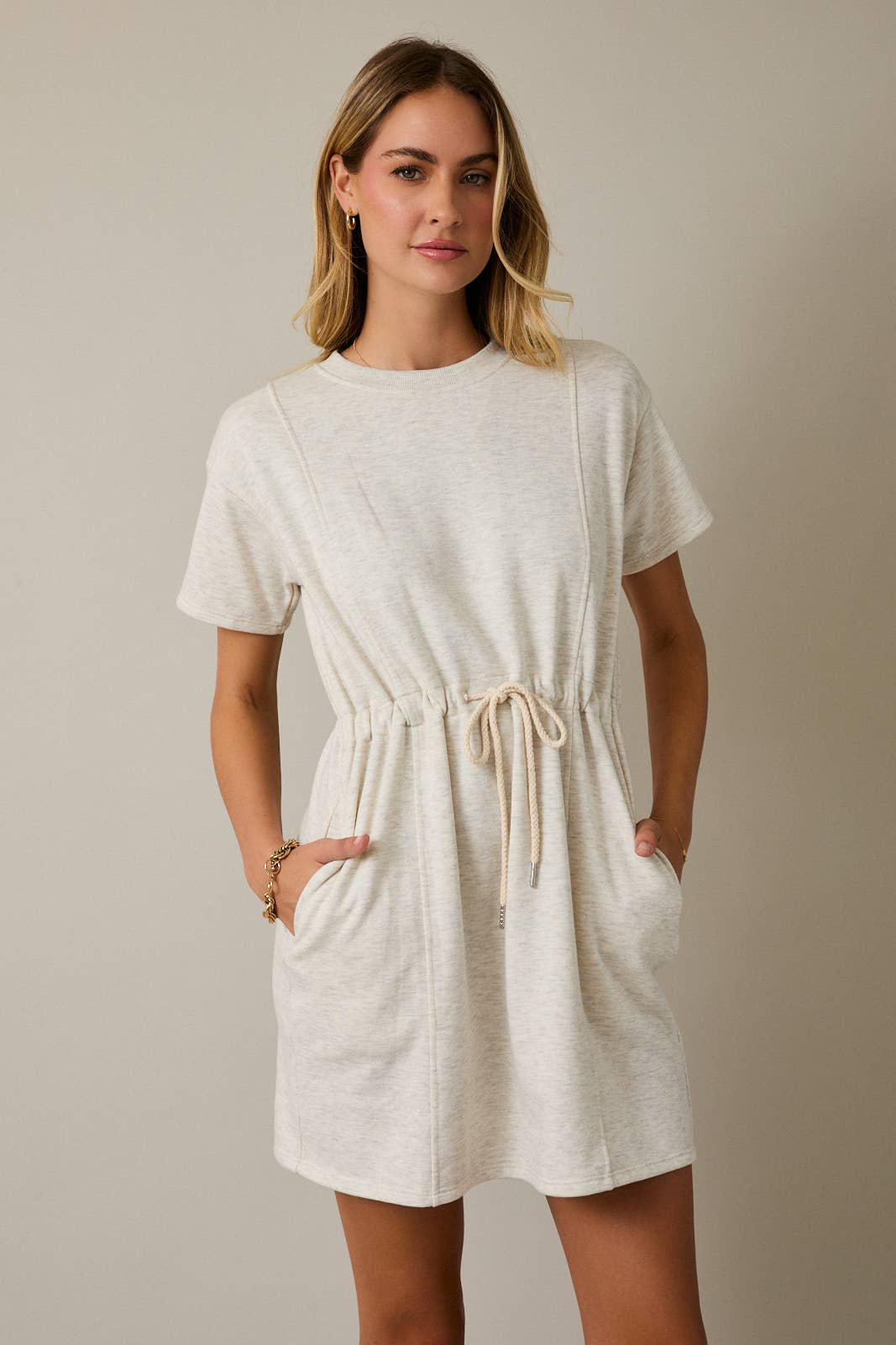 ROUND NECK SHORT SLEEVE WAIST TIE MINI DRESS