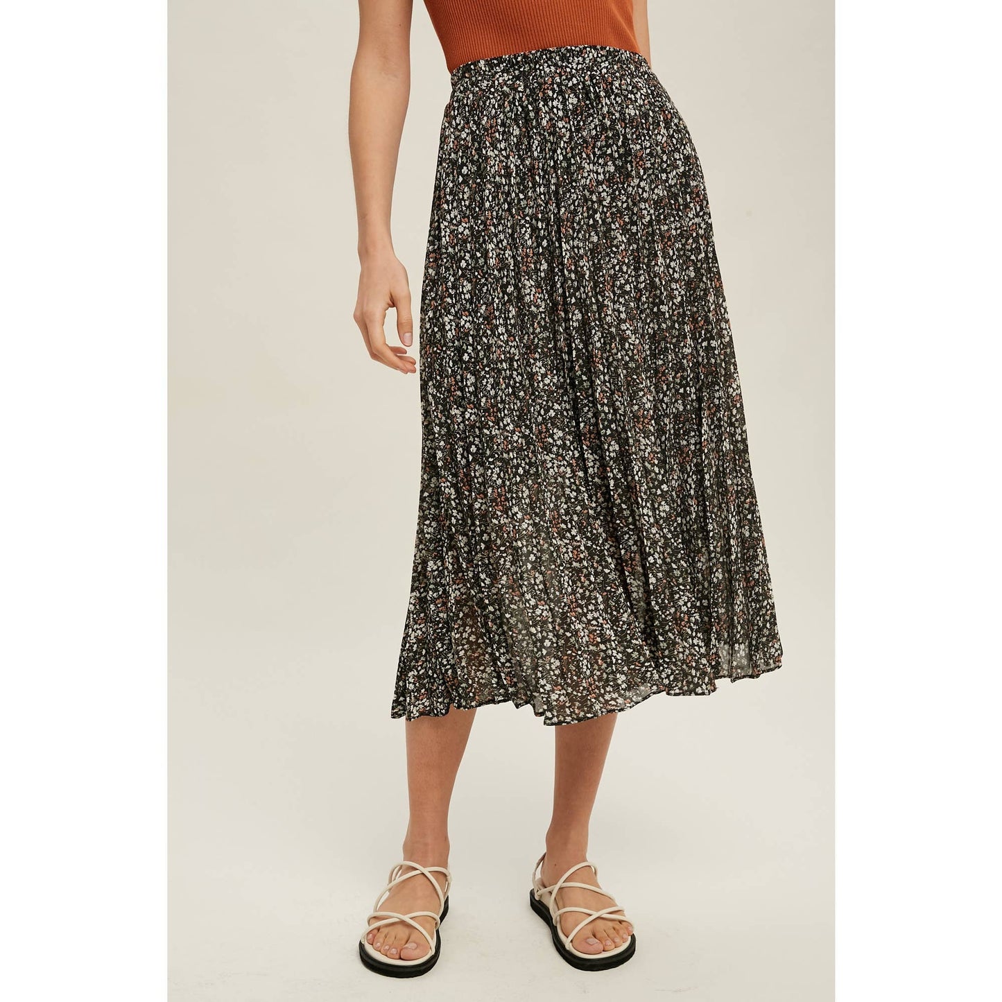 FLORAL PLEATED LINED MIDI SKIRT / WL22-6585