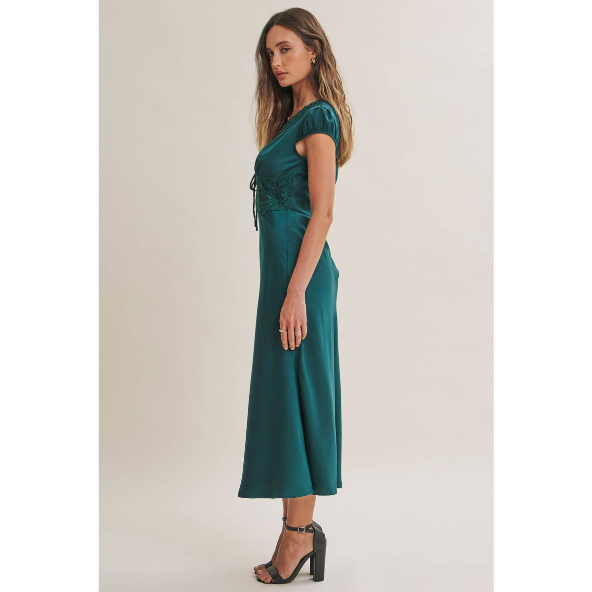 GRACEFUL DRAPE BIAS CUT SILKY SATIN LACE MIDI DRESS