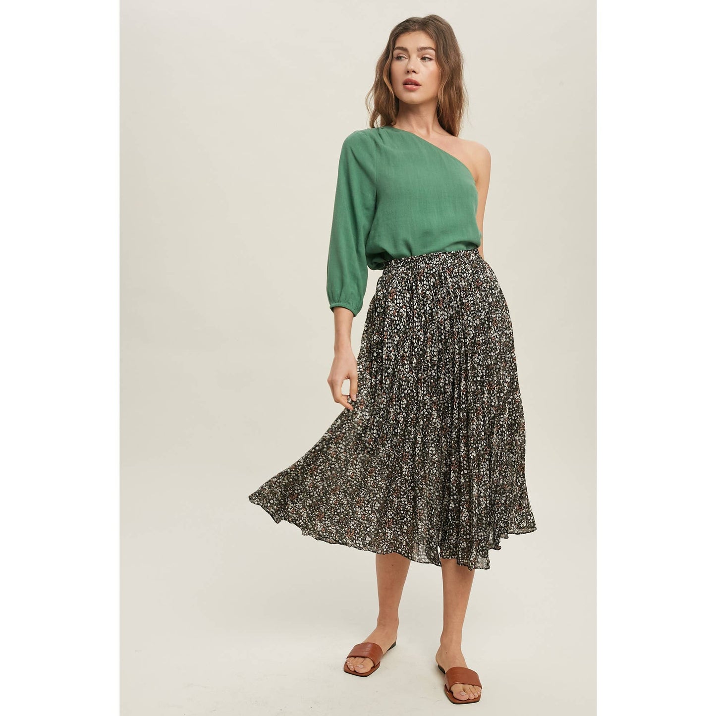 FLORAL PLEATED LINED MIDI SKIRT / WL22-6585