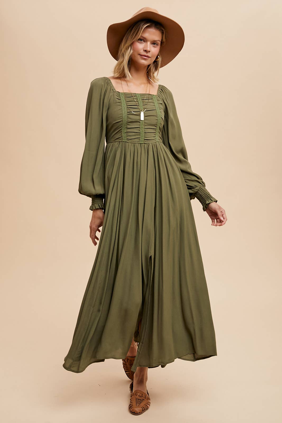 RUCHED BODICE SQUARE NECK MAXI DRESS