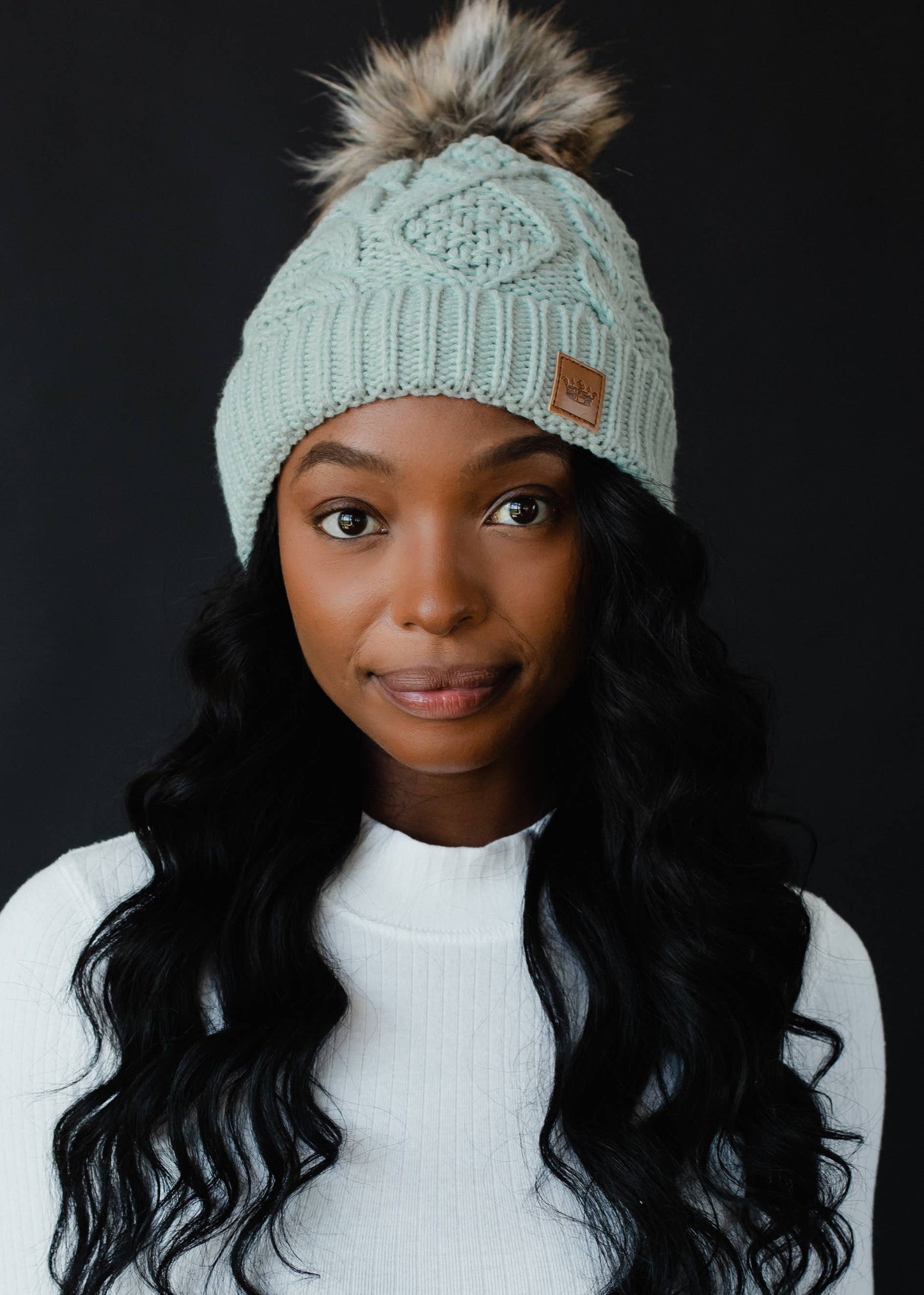 Light Blue Cable Knit Pom Hat