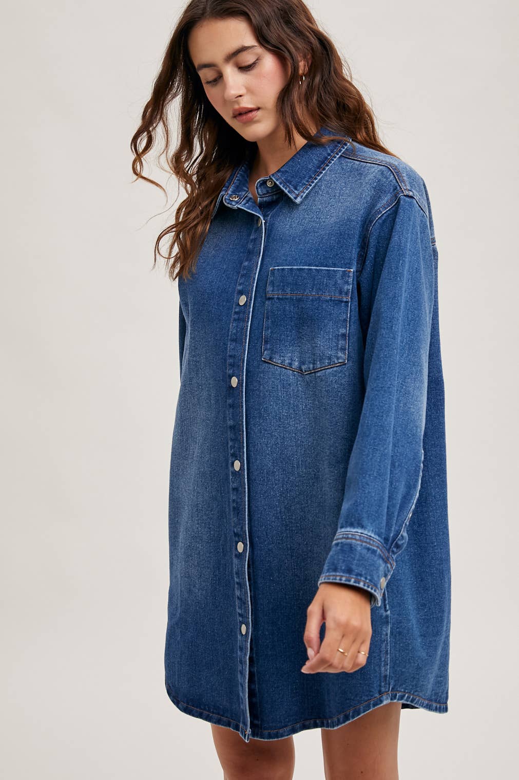 DENIM BUTTON DOWN SHIRT DRESS WITH POCKETS