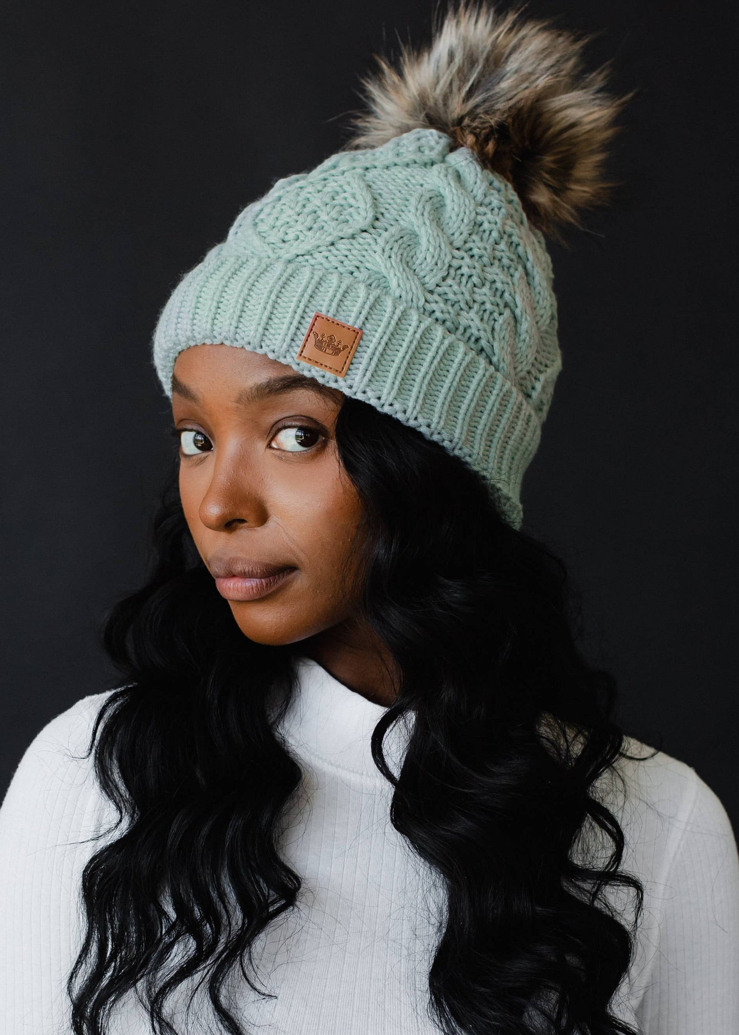 Light Blue Cable Knit Pom Hat