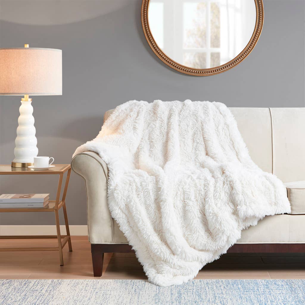 Long Faux Fur Throw 50"x60", Off-White