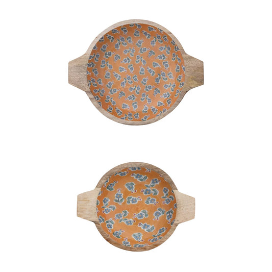 Enameled Mango Wood Bowls with Handles & Floral Pattern