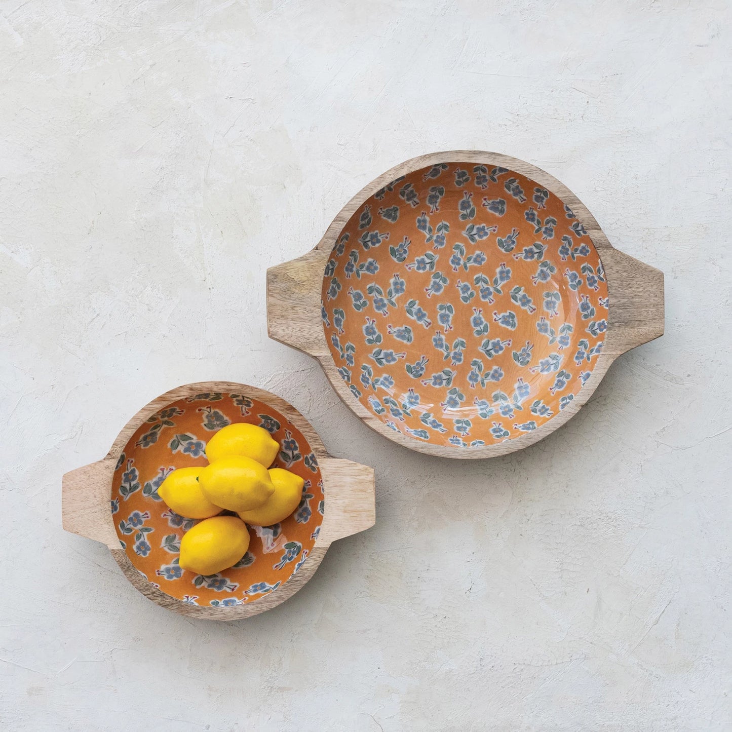 Enameled Mango Wood Bowls with Handles & Floral Pattern