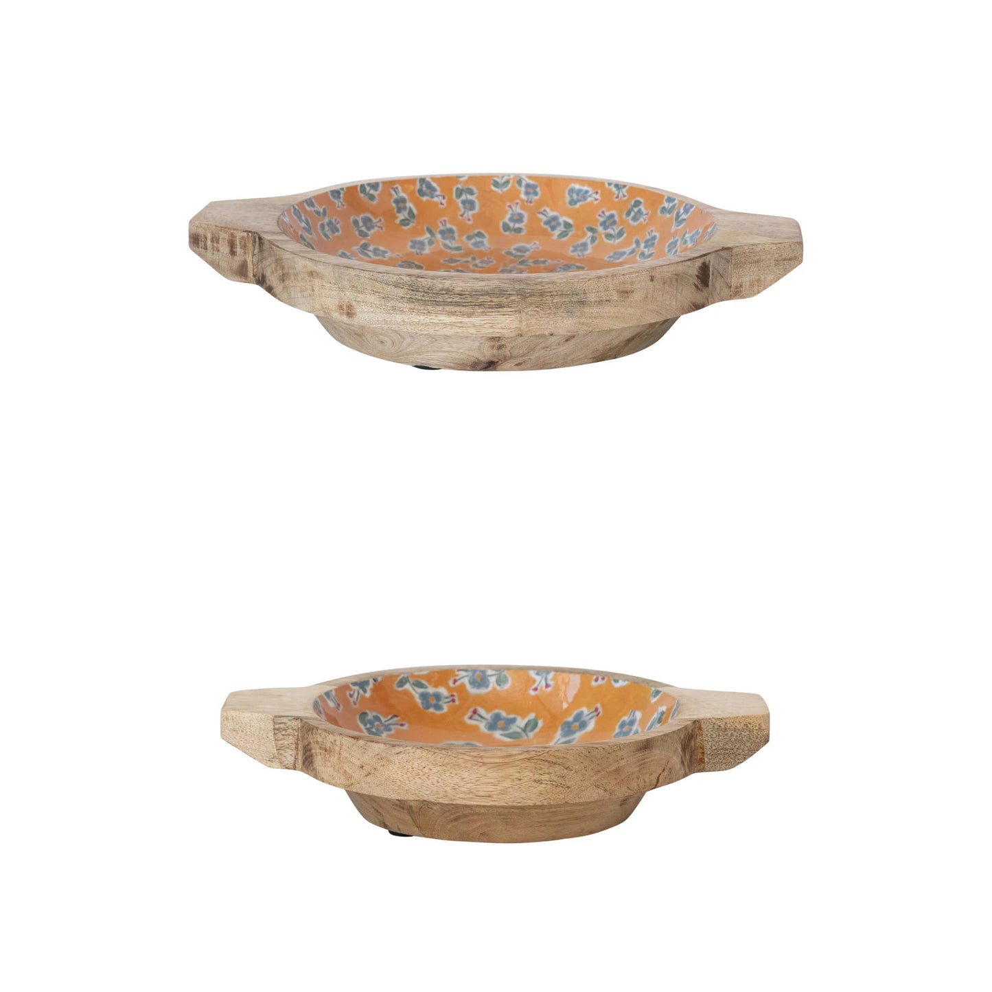 Enameled Mango Wood Bowls with Handles & Floral Pattern