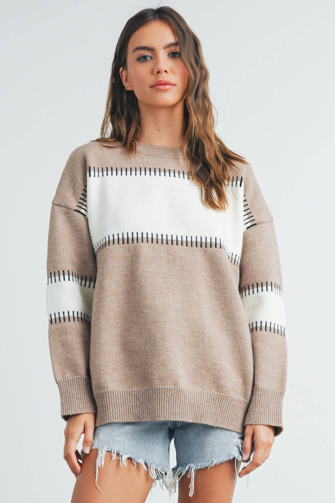 BLOCK STRIPED CREW NECK SWEATER