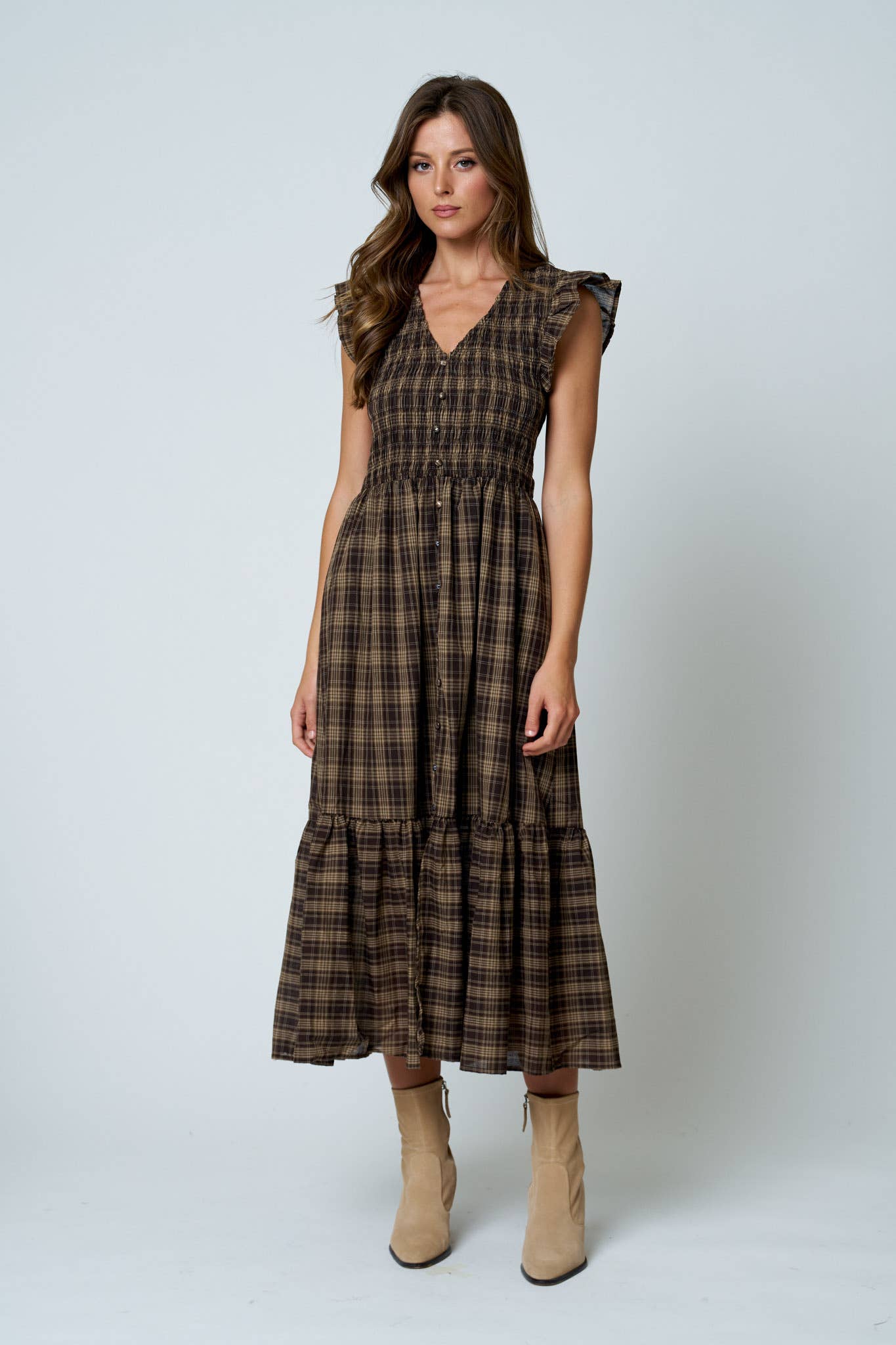 Plaid Button Down Ruffled Midi Dress