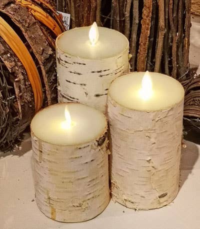 LED Wax Candles Wrapped in Natural Bark with Remote – Set/3