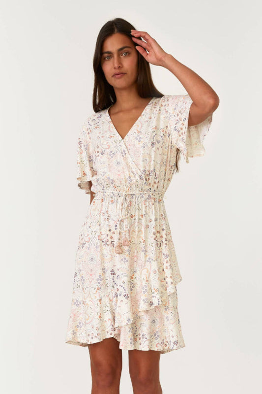 Floral Flutter Sleeve Surplice Ruffled Mini Dress