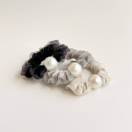 Velvet Tulle Pearl Scrunchies (Set of 3)