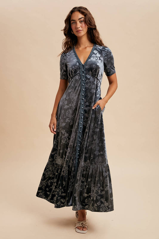 Embossed Velvet Button Down Maxi Dress