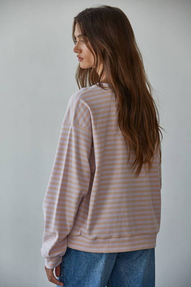Knit Striped Ribbed Crew Neck Long Sleeve