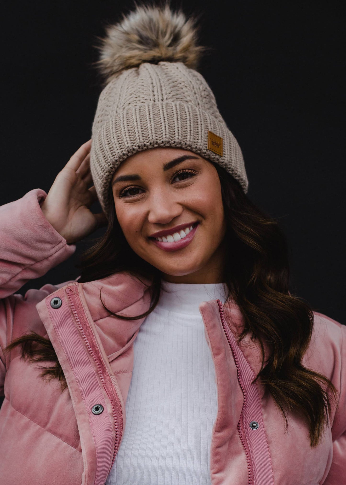 Tan Cable Knit Pom Hat