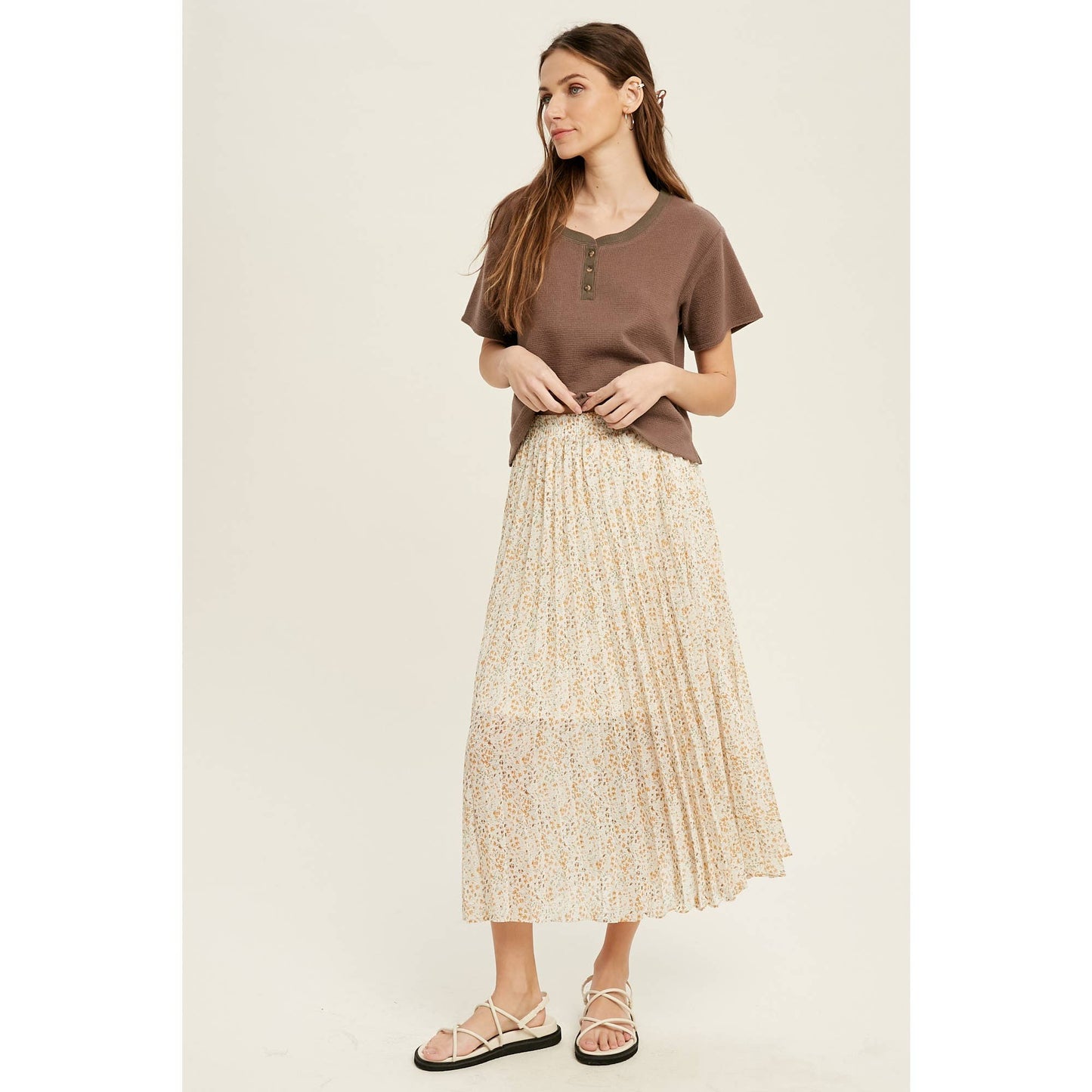 FLORAL PLEATED LINED MIDI SKIRT / WL22-6585