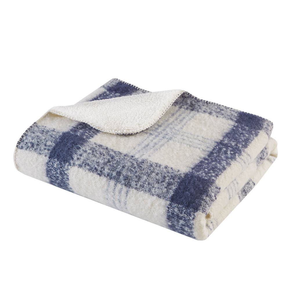 Plaid Faux Mohair Sherpa Throw 50x60", Blue