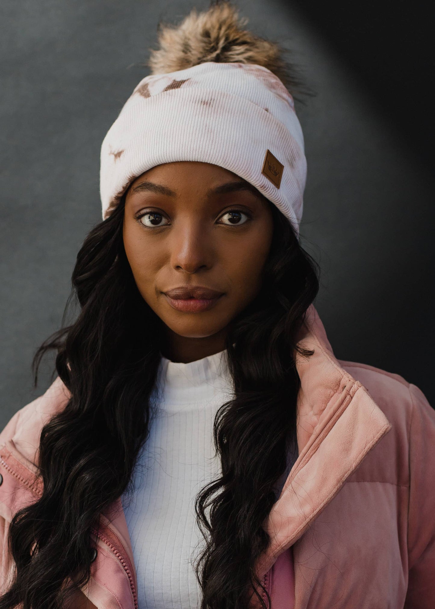 White & Brown Tie Dye Pom Hat