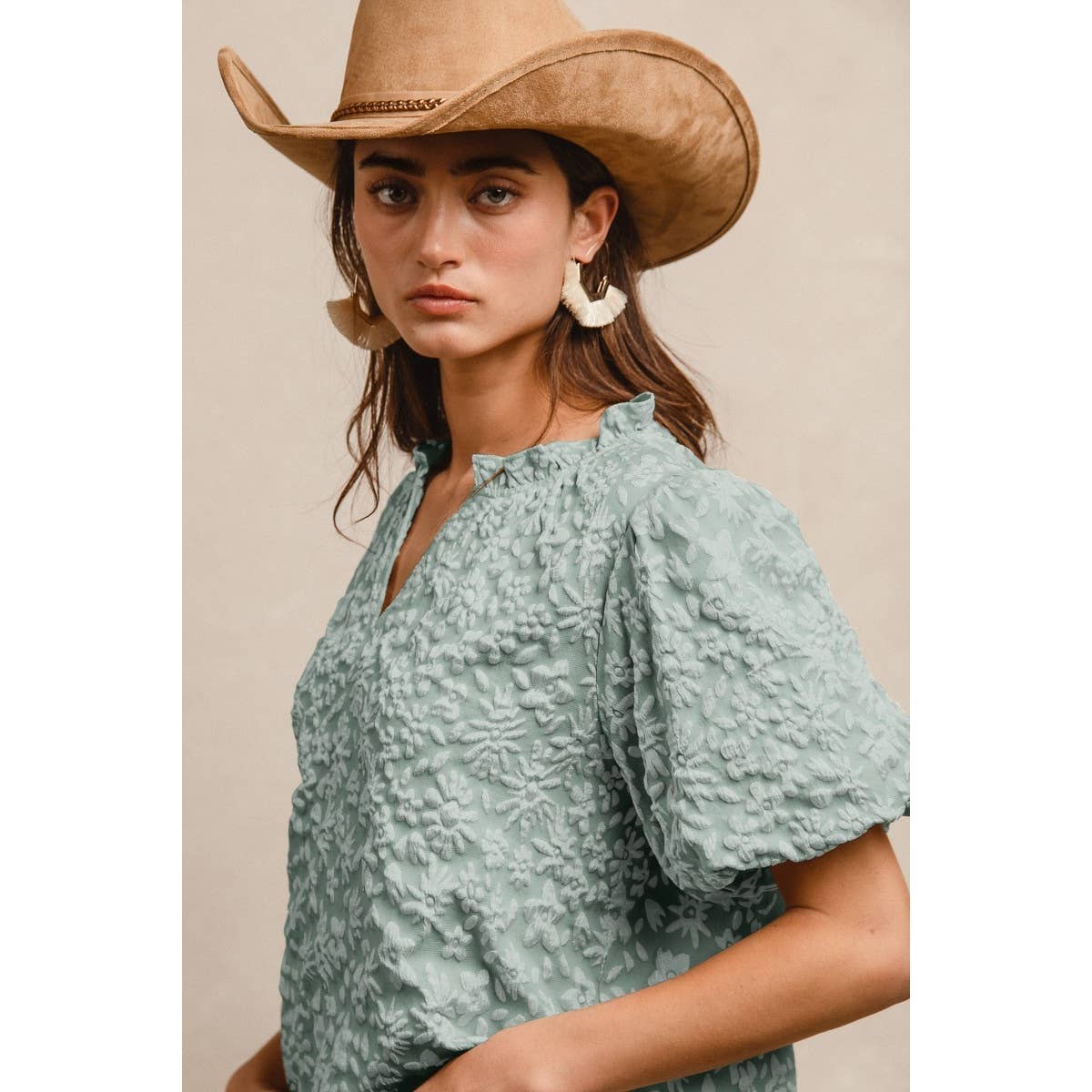 Floral Texture Ruffled V-Neck Blouse