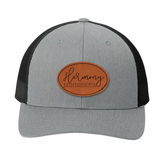 Downsville, WI Leather Patch Engraved Trucker Hat
