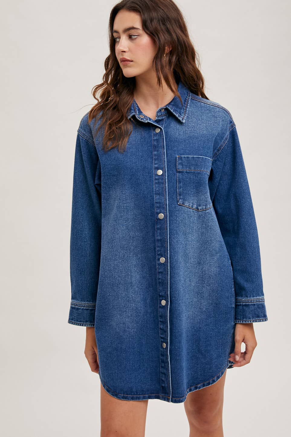 DENIM BUTTON DOWN SHIRT DRESS WITH POCKETS