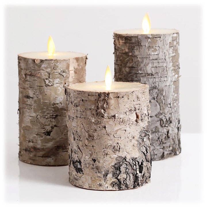 LED Wax Candles Wrapped in Natural Bark with Remote – Set/3