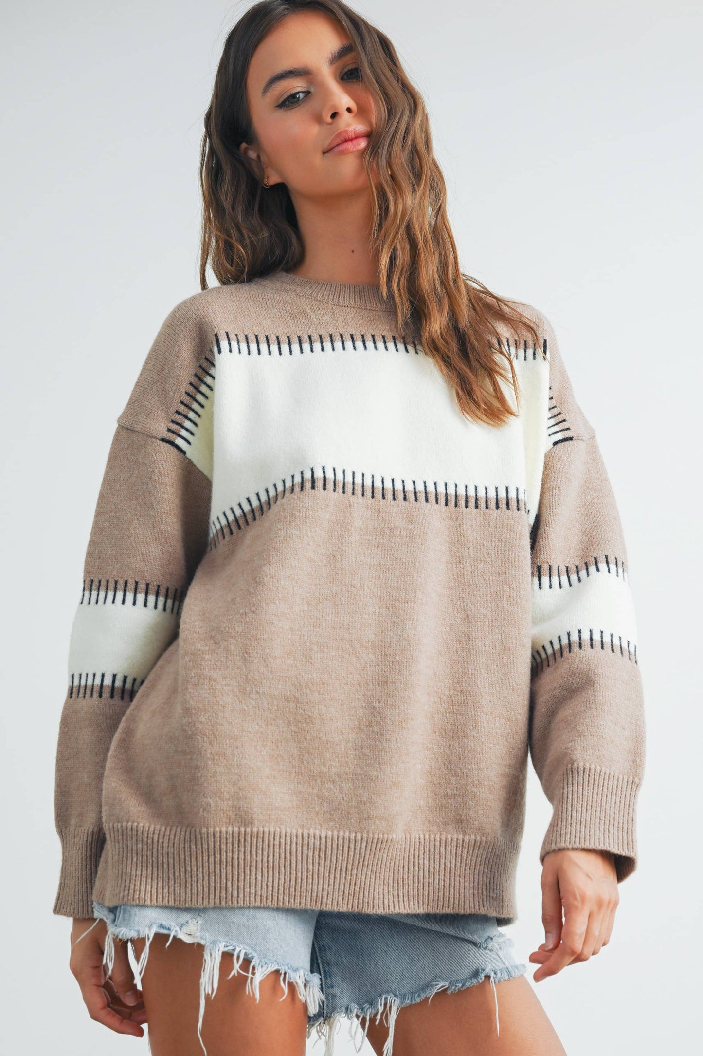 BLOCK STRIPED CREW NECK SWEATER