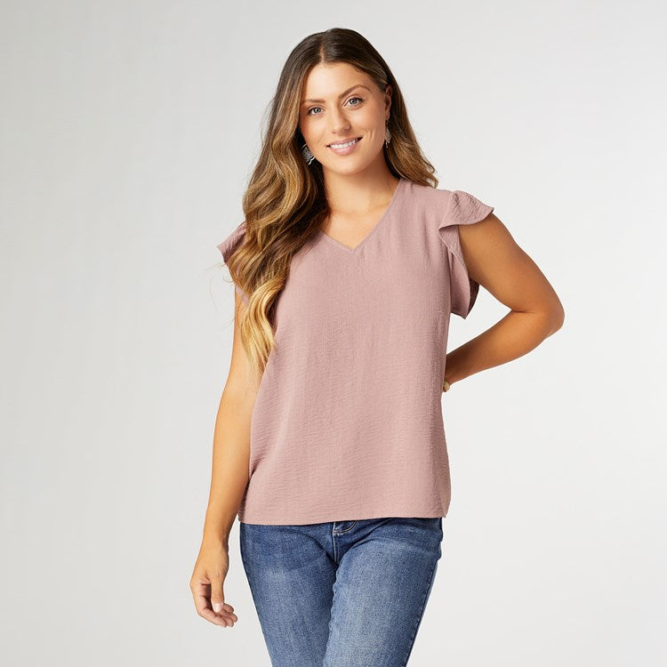 C + C Daphne Flutter Sleeve Top-Dusty Plum-SM