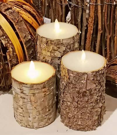 LED Wax Candles Wrapped in Natural Bark with Remote – Set/3